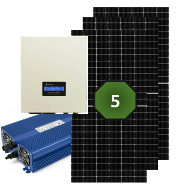 Kompletný 2,5 kw fotovoltaický set pre ohrev vody, na obrázku sú päť panelov a dva rôzne meniče