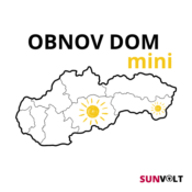Mapa Slovenska je rozdelená na regióny. Dva regióny sú vyznačené obrázkom slnka. Slnko je žlté. Slnko vyznačuje Banskobystrický a Košický kraj. Firma Sunvolt.